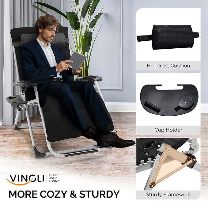 VINGLI 29" Padded Zero Gravity Chair, Lounge Chair with Removable Cushion & Tray， Folding Reclining Patio Chairs， Recliner Chair for Lawn，Indoor Outdoor-Black