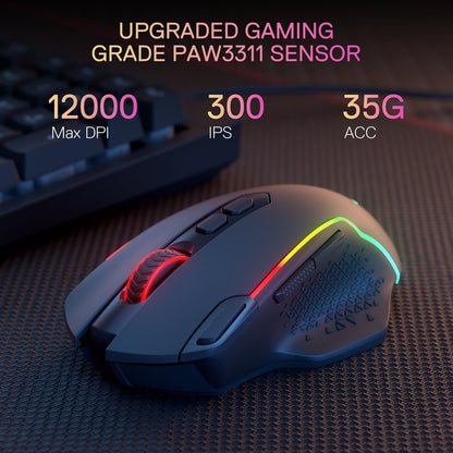 Redragon M810 Pro Wireless Gaming Mouse, 10000 DPI Wired/Wireless Gamer Mouse w/Rapid Fire Key, 8 Macro Buttons, 45-Hour Reliable Power Capacity and RGB Backlit for PC/Mac/Laptop