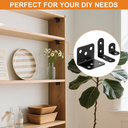 26 Pack L Bracket Corner Brace Kit, 3 Sizes Stainless Steel L Brackets for Wood Shelves, 90 Degree Right Angle Bracket, Black Metal Corner Brackets for Furniture Cabinet Drawer Chair (with 88 Screws)
