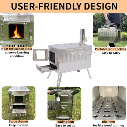 DANCHEL OUTDOOR B6 4 Season Glamping Wall Tent w/Large Wood Stove Camping, No Center Pole, Higher Side Wall,900D Flame Retardant Oxford for 6-8 Person Yurt Cabin Tent,16.4ft/5m
