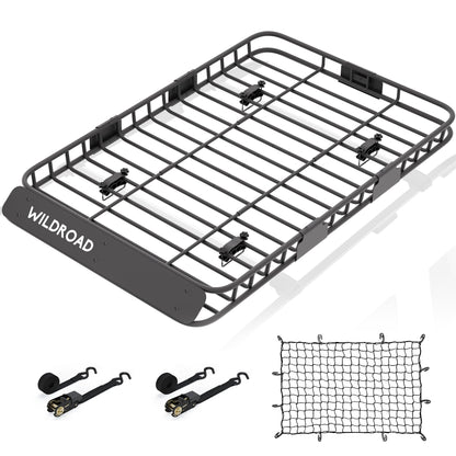 Wildroad Car Roof Cargo Carrier Combo of Upgraded 64"x 39"x 4" Roof Rack Cargo Basket, Super Duty Bungee Cargo Net. Universal Car Top Luggage Holder Carrier Basket Fits for SUV Truck Cars