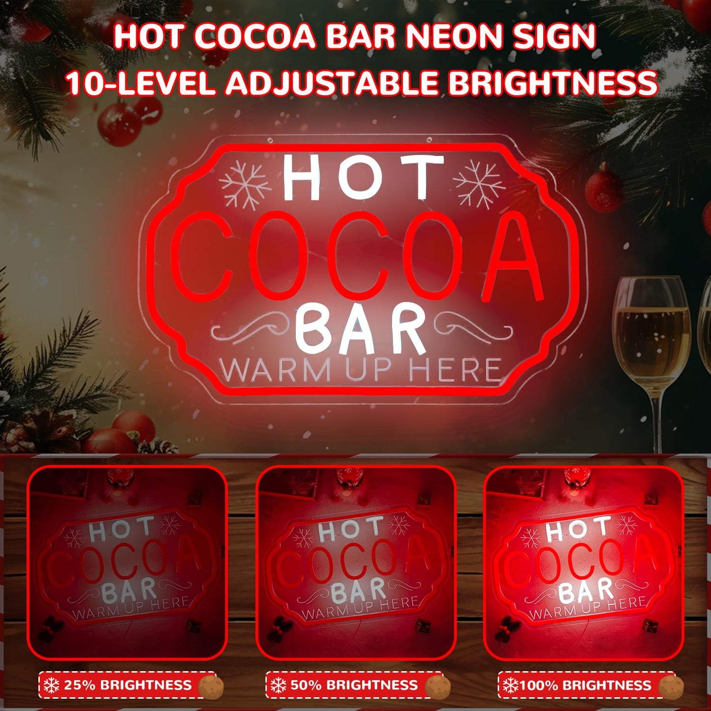 hhuohuona Hot Cocoa Bar Neon Sign Dimmable Christmas Coffee Led Sign Hot Chocolate Bar Warm Up Here Neon Lights Vintage Cocoa Light Up Sign for Kitchen Cafe Stations