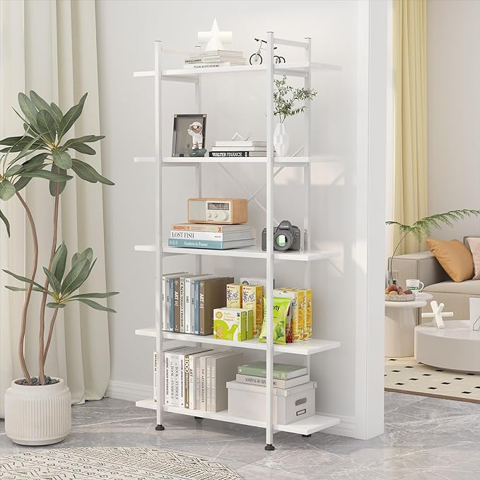Bookshelf 5 Tiers White Wooden Storage Shelf, Modern Open Display Storage