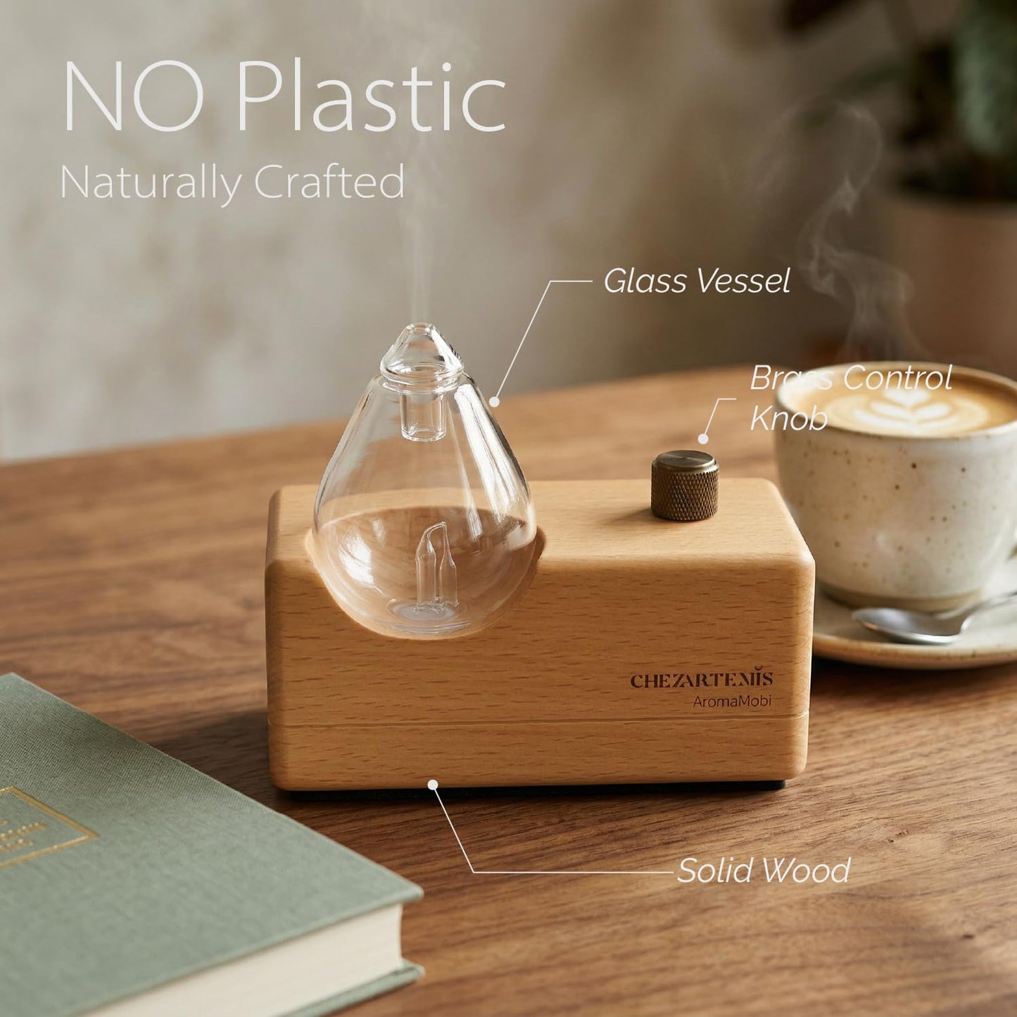 Waterdrop Glass Essential Oil Diffuser with Handmade Wood Base for Aromatherapy, Waterless Scent Diffuser for Yoga Home Office, Portable & Cordless Oil Nebulizer with LED & Timer, Gift of Fragrance