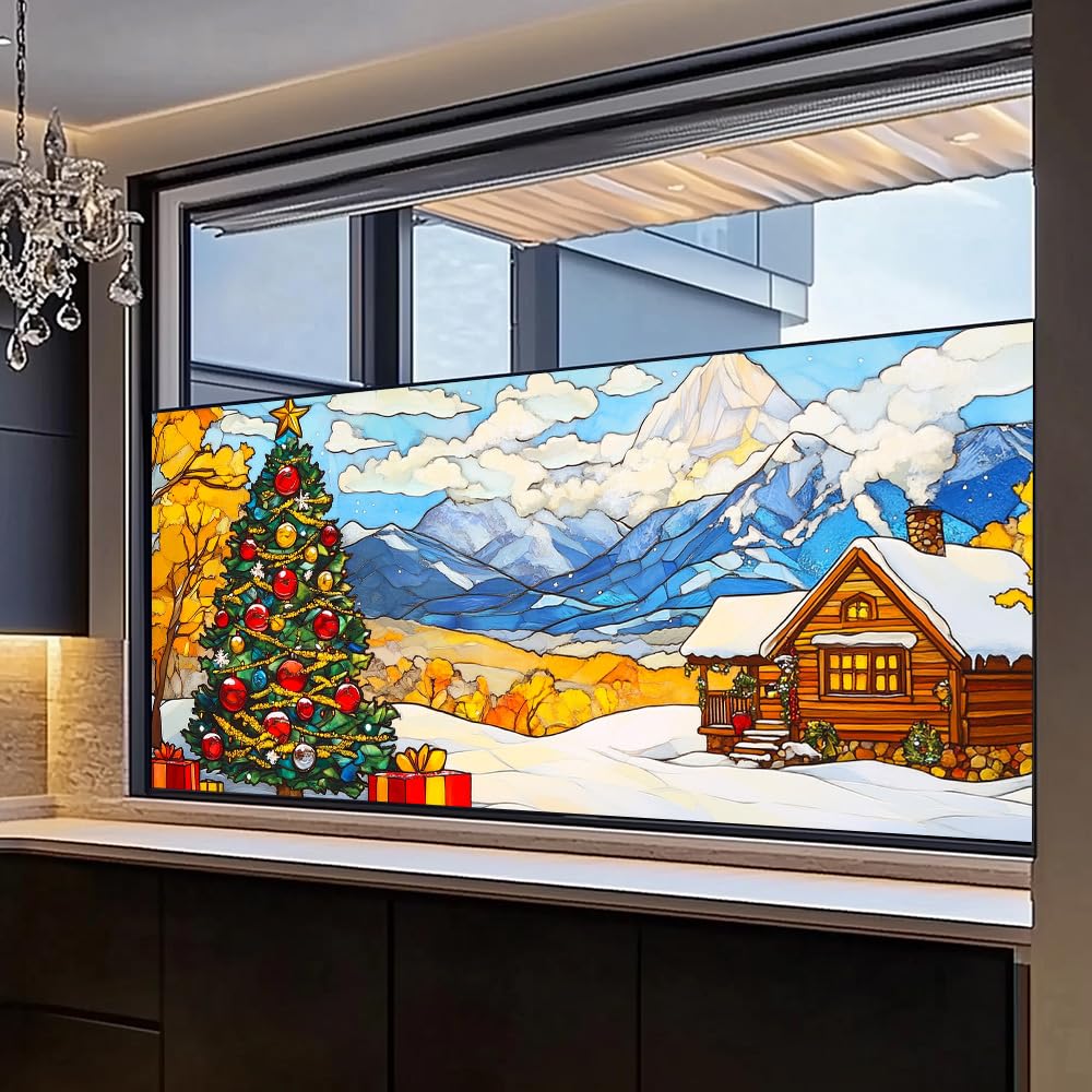 WDESYADMS Window Film 39.4×17.3 Inch PVC Winter Mountain Cabin Christmas Tree Scene Decorative Window Film for Seasonal Privacy and Holiday Home Glass Decoration