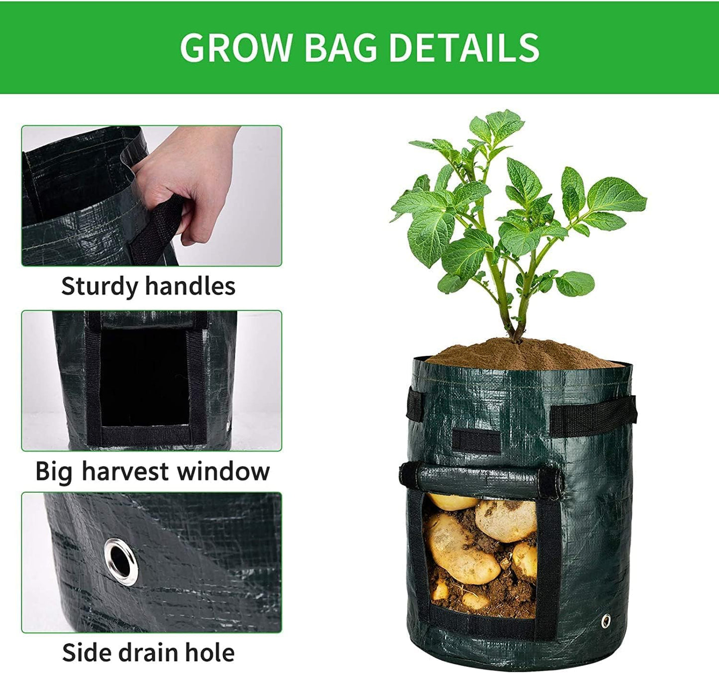 iPower Potato Grow Bags 10 Gallon 4 Pack with Flap, Sturdy Handles and Harvest Windows, Thick PE Fabric Planter Pots for Potato, Tomato, Carrot, Onion, Carrot, Vegetable and Fruits, Green