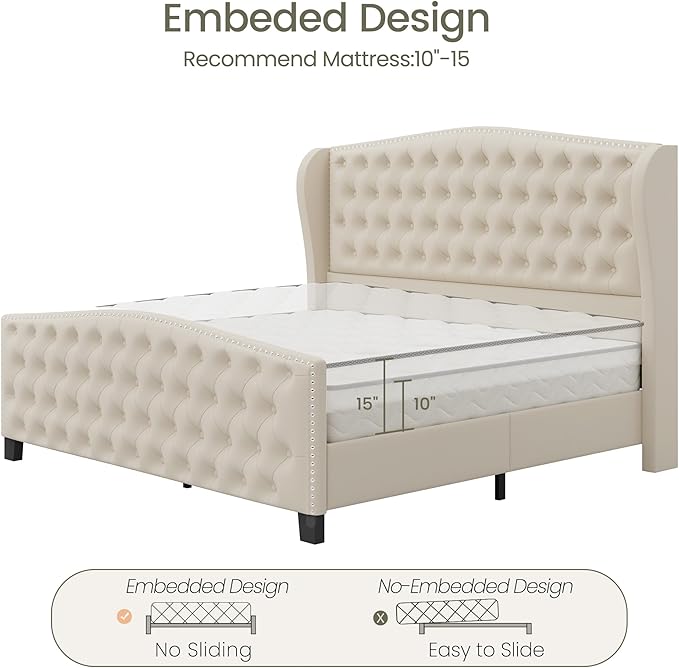 LARMACE King Size Bed Frame Velvet Upholstered Platform Bed