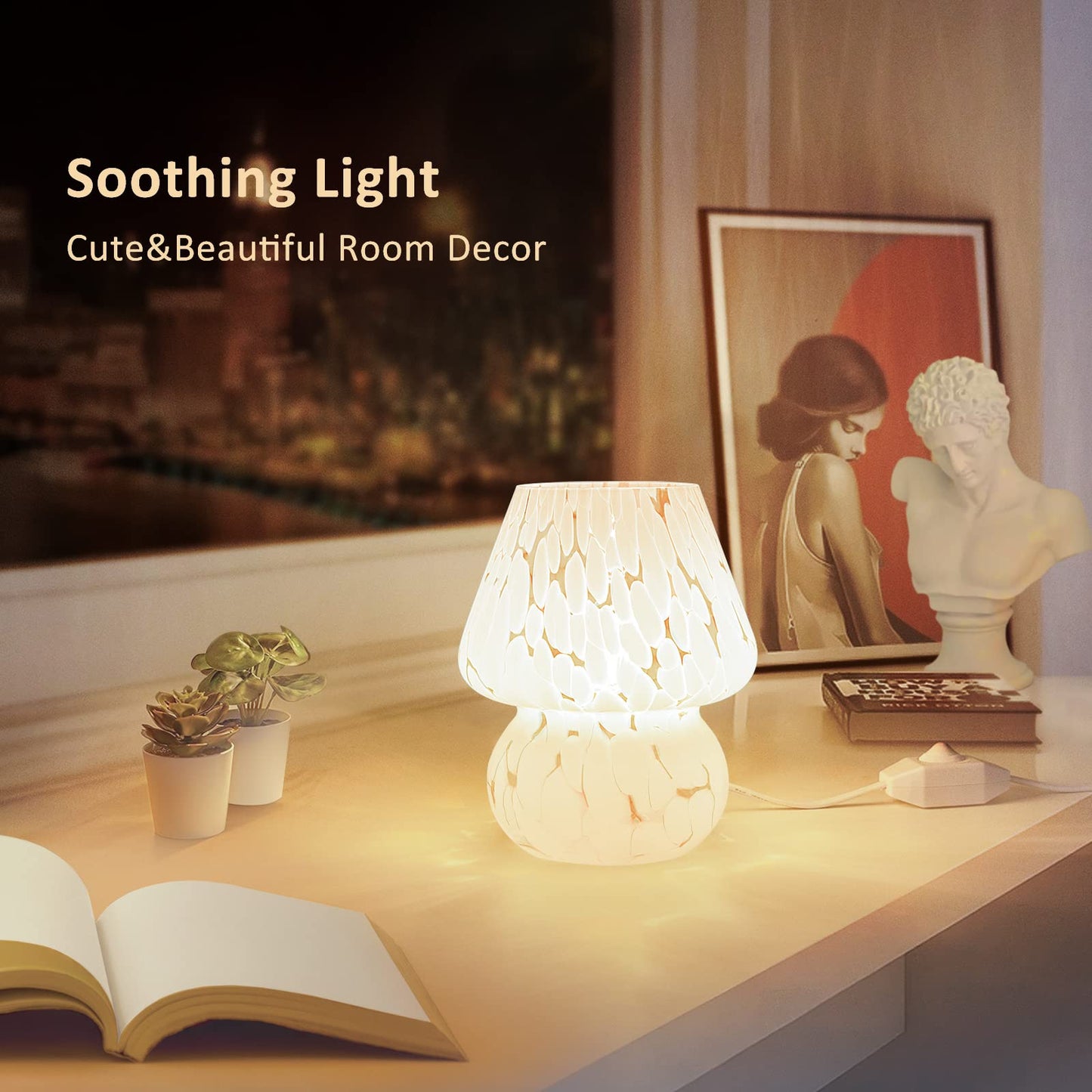 ONEWISH Cute Mushroom Lamp Small Bedside Table Lamp Set of 2 Stepless Dimmable, Translucent Glass White Nightstand Lamp for Bedroom Dorm Kids Room Living Kitchen, Murano Aesthetic Home Decor