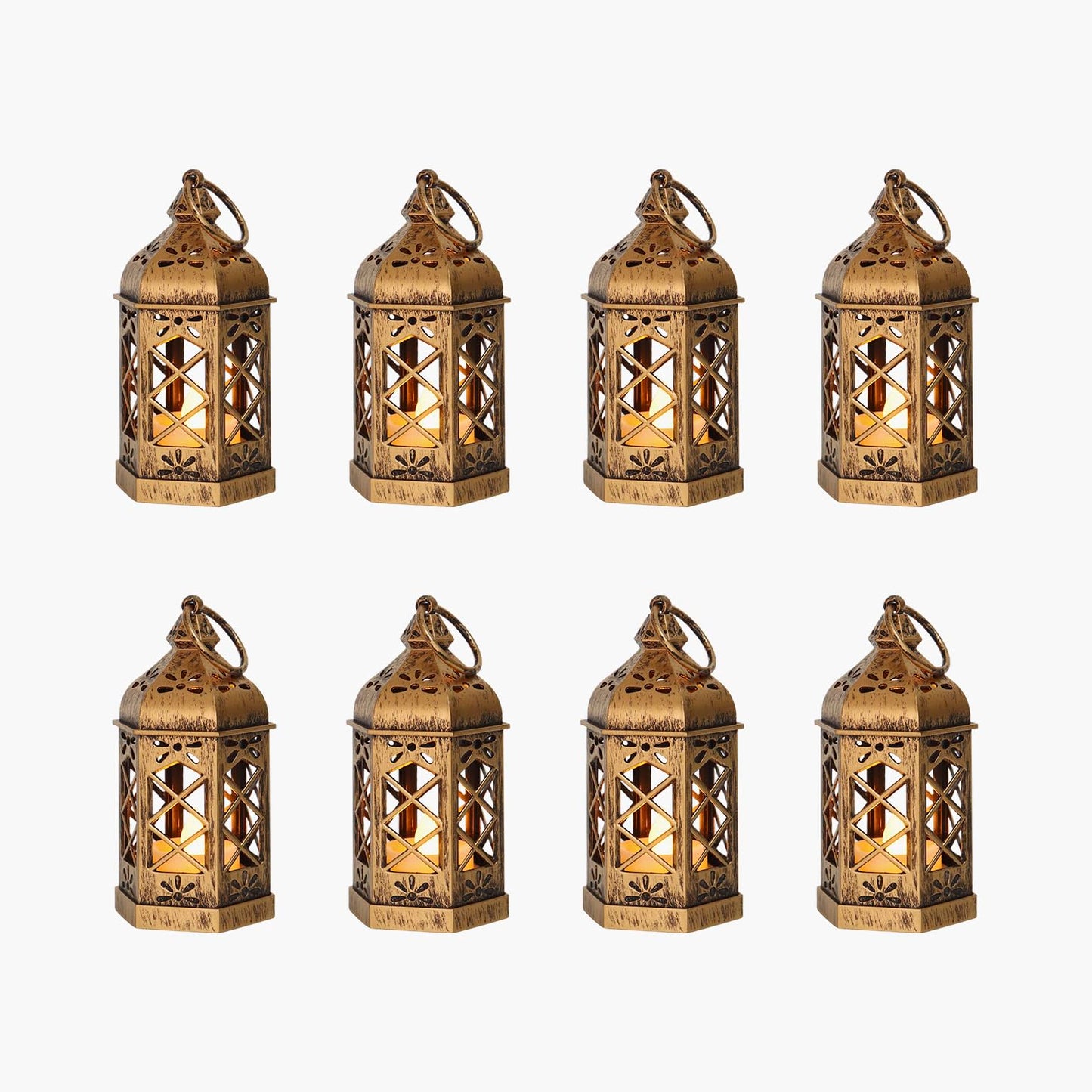 Reperla 8-Pack Mini Lanterns, Small Decorative Lanterns with Flickering LED Candles for Ramadan, Christmas, Wedding, Hanging Moroccan Lantern, Table Centerpiece, Baby Shower Decorations, Bronze