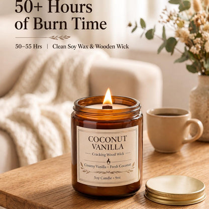 Coconut Vanilla Scented Candles for Home, 9oz Long Burning Soy Candles for Women, Wood Wick Natural Non Toxic Candle Jar, Aromatherapy Candle Gift for Home Bedroom Bathroom Office