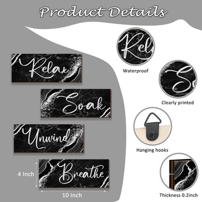 ONIZHITY 4 Pcs Black And Silver Bathroom Decor Wall Signs Relax Soak Unwind Breathe Wooden Rustic Marble Style Bathroom Accessories for Bedroom Living Room Kitchen Decoration(Black Silver 10X4")