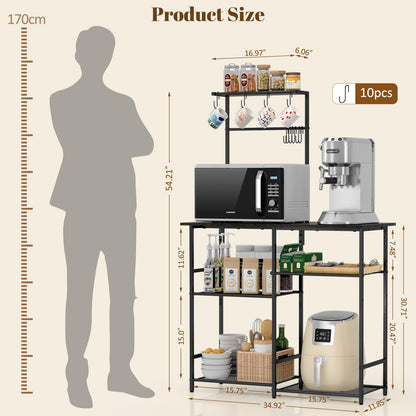 Baker's Rack for Kitchen with Storage, Microwave Stand with Adjustable Shelves and 10 S Hooks, 6-Tier Coffee Bar Station, Kitchen Shelves for Spices, Pots, Rustic Brown