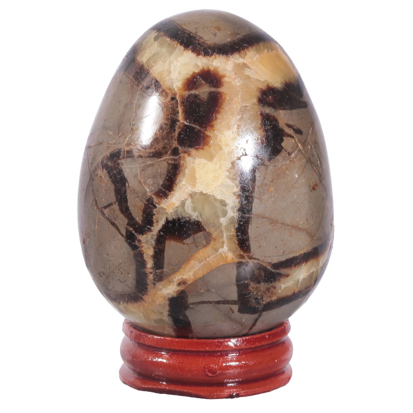 SUNYIK Natural Septarian Dragon Crystal Egg with Wooden Stand, Polished Oval Stone Egg Feng Shui Decoration Home Office Specimen for Easter Day, 2.4-2.95"