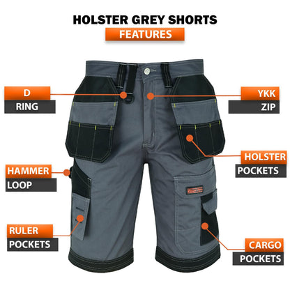 WrightFits Men Holster Work Shorts - Heavy Duty Safety Combat Cargo Summer Shorts - Multi Pockets - Triple Stitched - Durable Workwear Grey 32 W