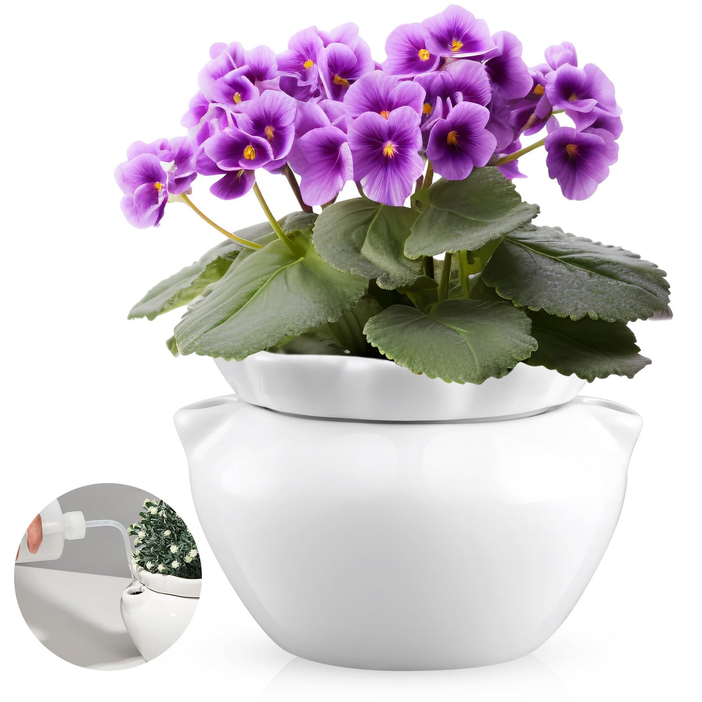 Sunnychicc 1 Set 7.5 Inches African Violet Pots Self Watering White Ceramic Pot for Indoor Plants, Flowerpot with Highly Absorbent Inner Pot for Busy Plant Lovers, Plant Care