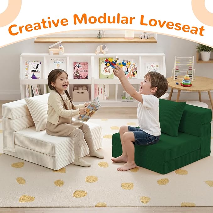 MeMoreCool Folding Sofa for Kids, Corduroy Fold Out Futon Chair, Small Foldable