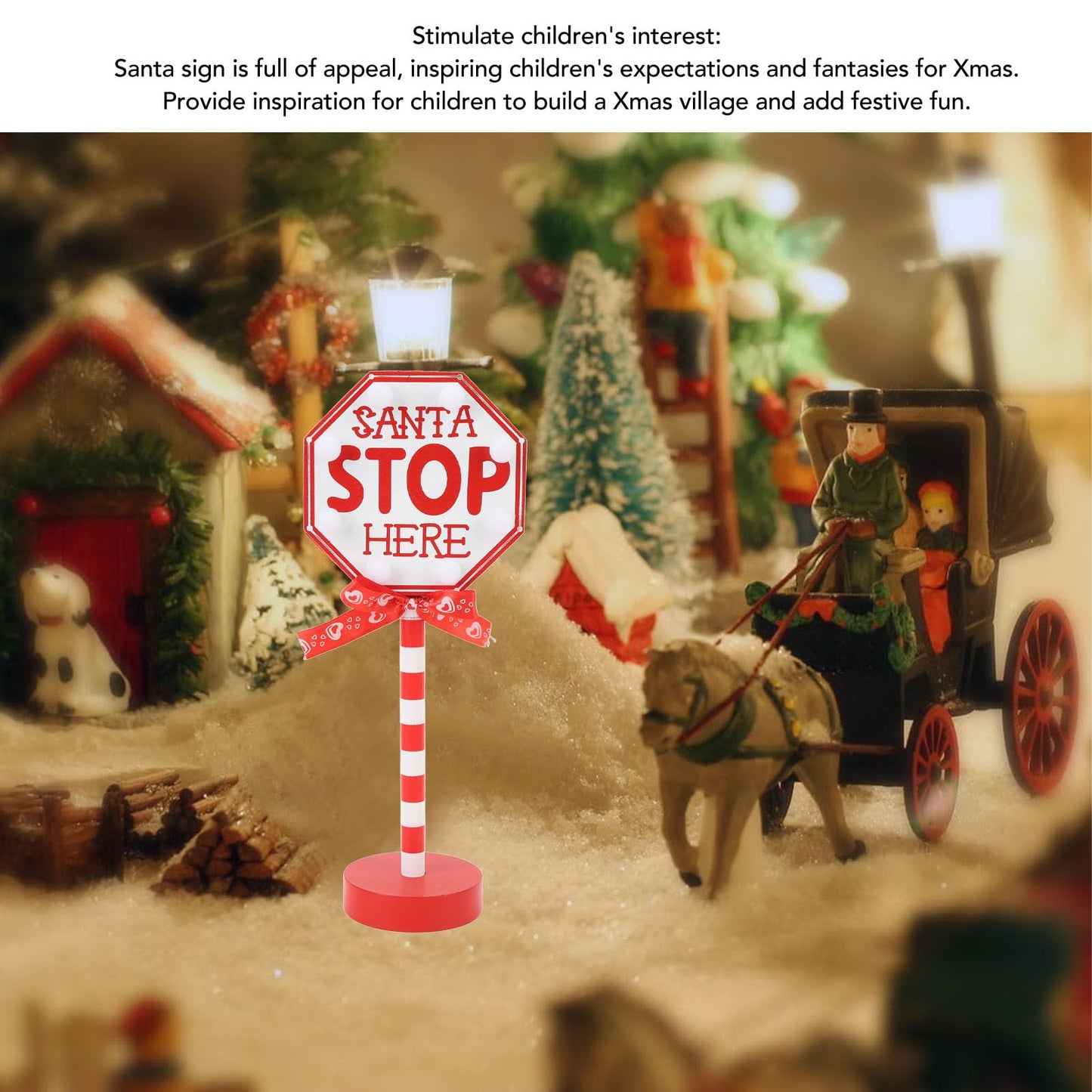 NOENNULL Light Up Santa Stop Here Sign, Santa Stop Here Pole Sign with LED Warm Light Wooden Xmas Desktop Battery Operated Xmas LED for Indoor Holiday Party Fireplace Decoration