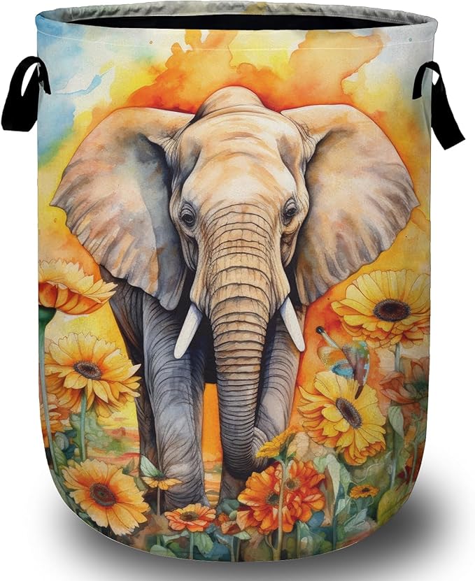 Watercolor Elephant Sunflower Laundry Basket, Foldable Wild Animals Laundry
