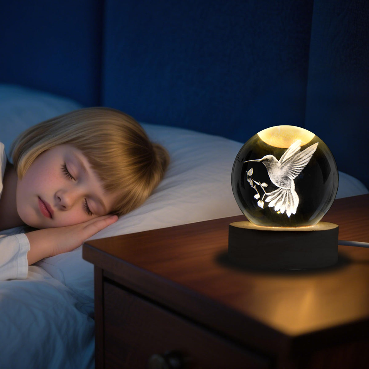 AOFEGRLT 3D Laser Engraved Bird Crystal Ball with LED Stand, 60mm Hummingbird Figurine Lamp Night Light, Glass Hummingbird Globe Paperweight Gift