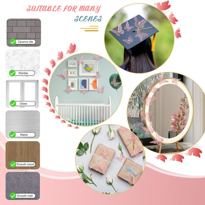 3D Pink Butterfly Wall Decor 3 Sizes 4 Styles Butterfly Party Decorations Cake Decorations Removable Stickers Wall Decor Room Mural Metallic Kids (Pink, 48Pcs)