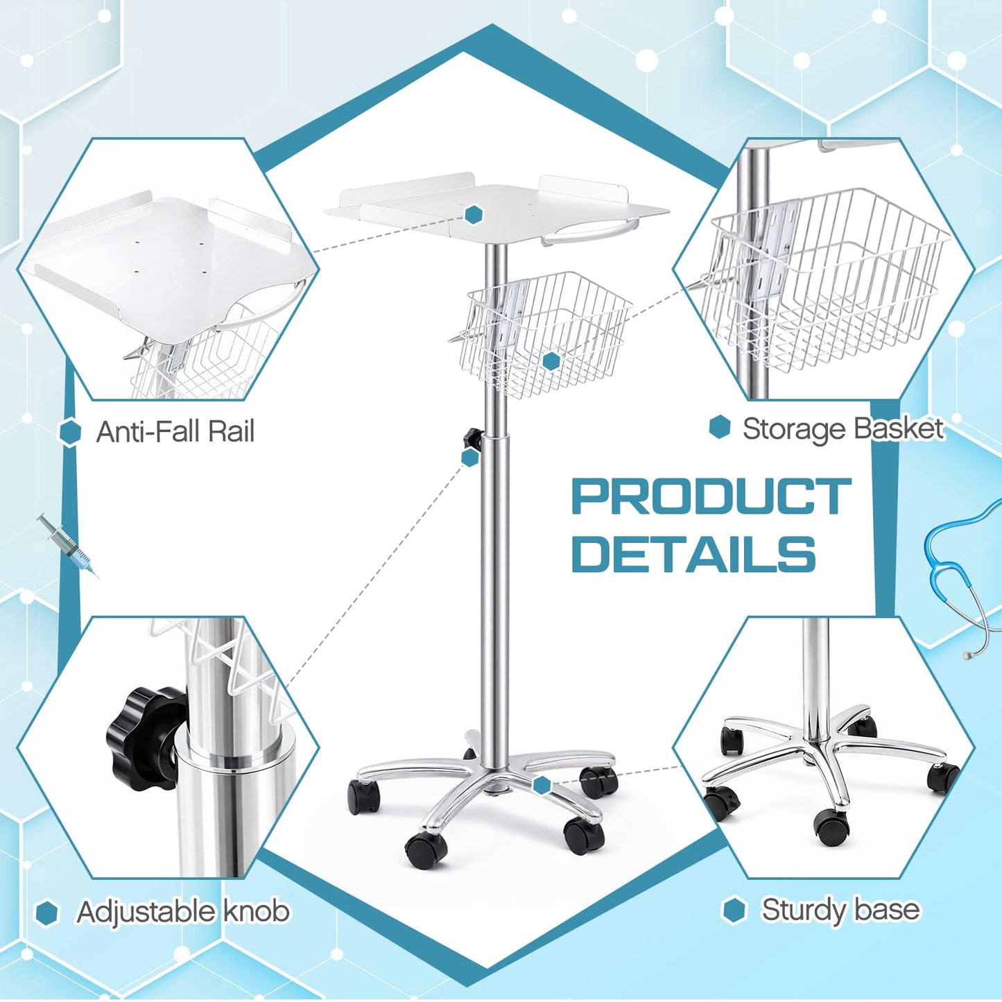 DaisyInner Adjustable Mobile Medical Cart with Wheels, Load up to 33 Lbs, Laptop Rolling Cart with Storage Basket 16.5" x 16.7" Large Tabletop Medical Trolley Workstation for Hospital, Lab Use(Frame)