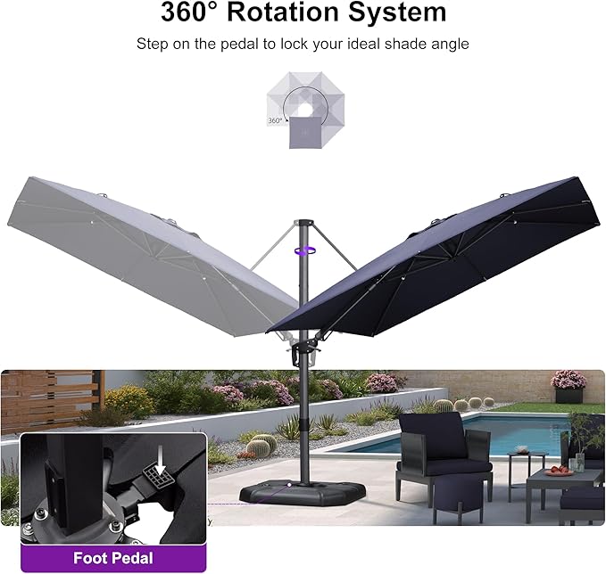 PURPLE LEAF 9' X 12' Right-left Tilt Patio Umbrella with Base Outdoor Cantilever Swivel Rectangle Umbrella Aluminum Offset Umbrella with 360-degree Rotation for Garden Deck Pool Patio Navy