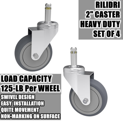 RILIDRI 2-Inch Swivel Stem Caster, 7/16-Inch Stem Diameter Rubber Wheel, Thermoplastic Rubber TPR Replacement Wheels for Weber Grill Shop Vac - 4 Pack
