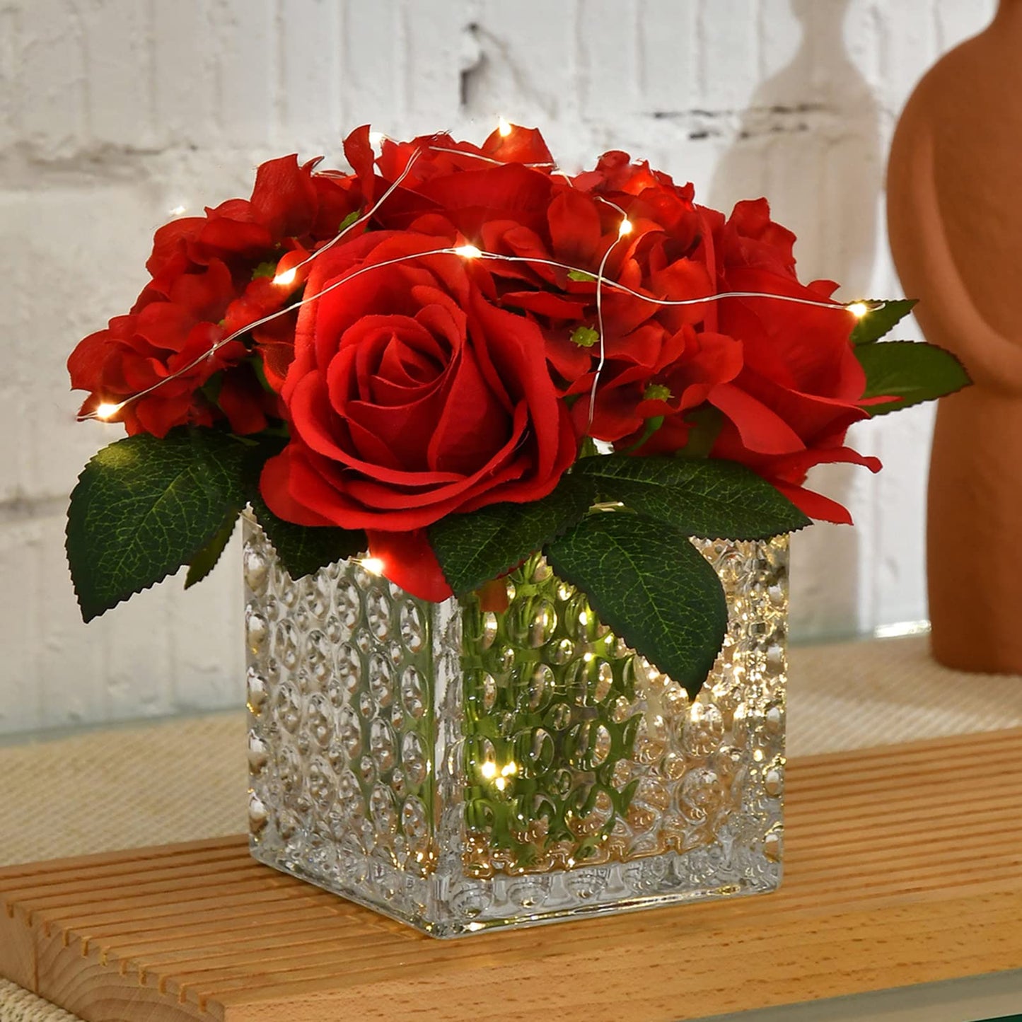 Fule Artificial Silk Rose Flower Centerpiece Arrangement in Glass Vase with LED Light for Home Wedding Decoration (Red)
