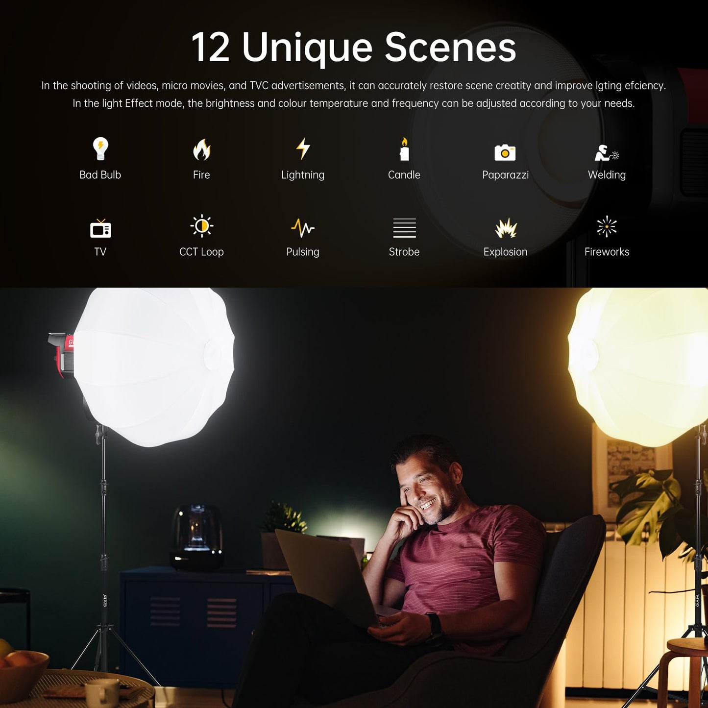 GVM 300W Photography Lighting Bi-Color Video Light with Bowens Mount Lantern Softbox and Stand CRI 97+ CCT 2700K~6800K 12 Lighting Scenes App Control Studio Lights for Photography