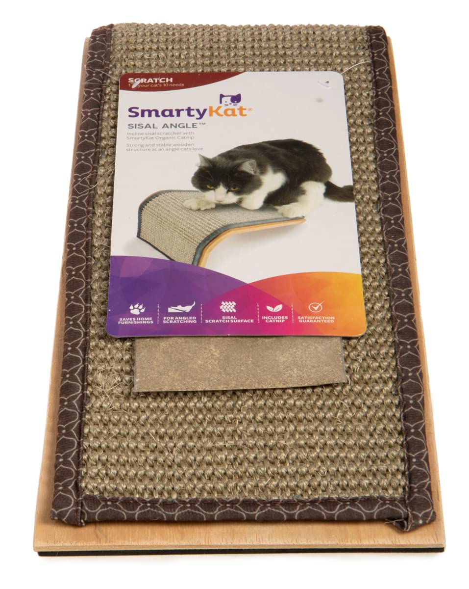 SmartyKat Sisal Angle Ramp Cat Scratcher for Indoor Cats & Kittens, Durable Sisal & Wood Scratching Pad, Includes Catnip, Gray/Taupe