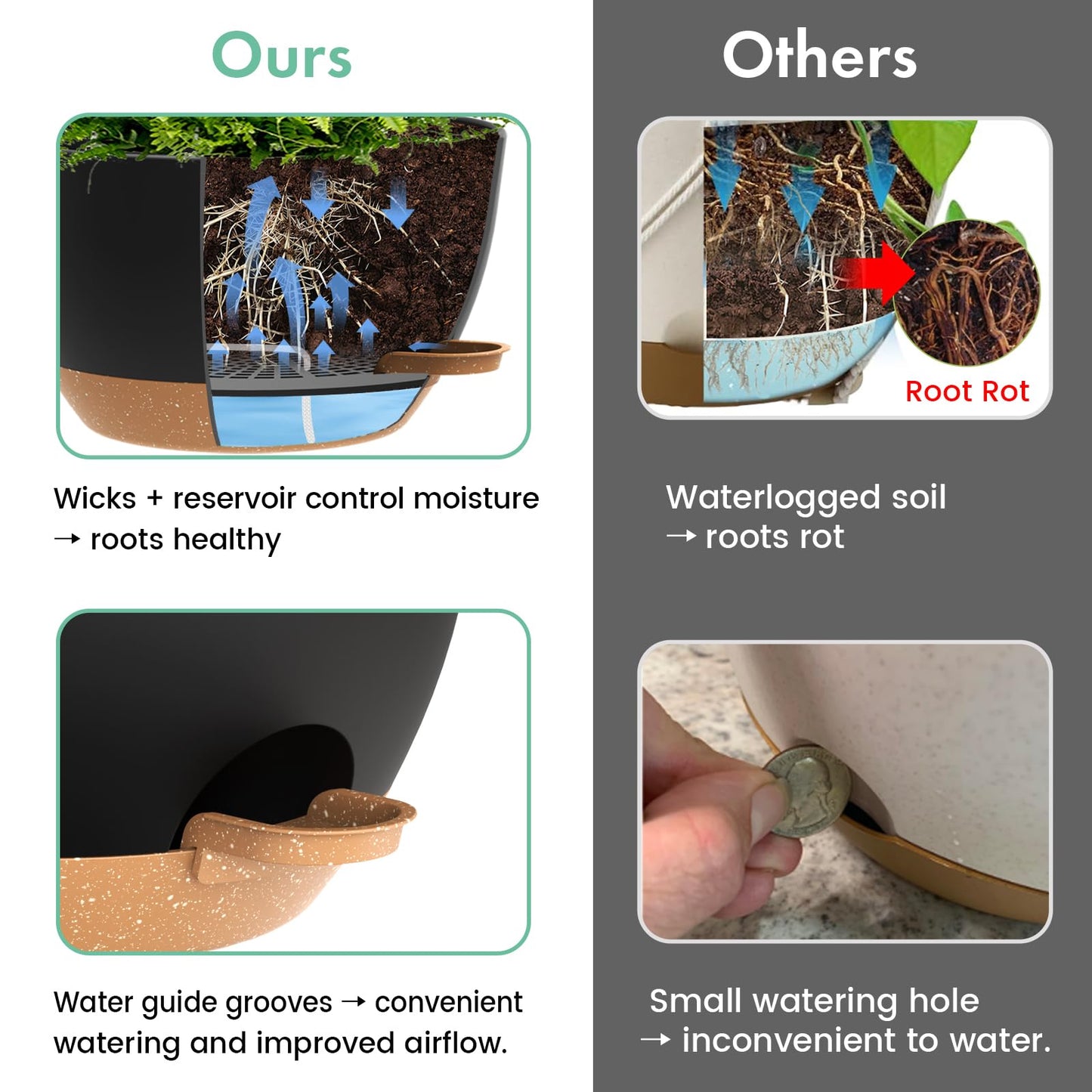 UOUZ 13 Inch 2 Pack Large Self Watering Hanging Planters for Indoor Outdoor Plants, Hanging Plant Pots with Removable 50 Oz Reservoir, Plastic Hanging Basket for Window Porch Garden, Black with Brown