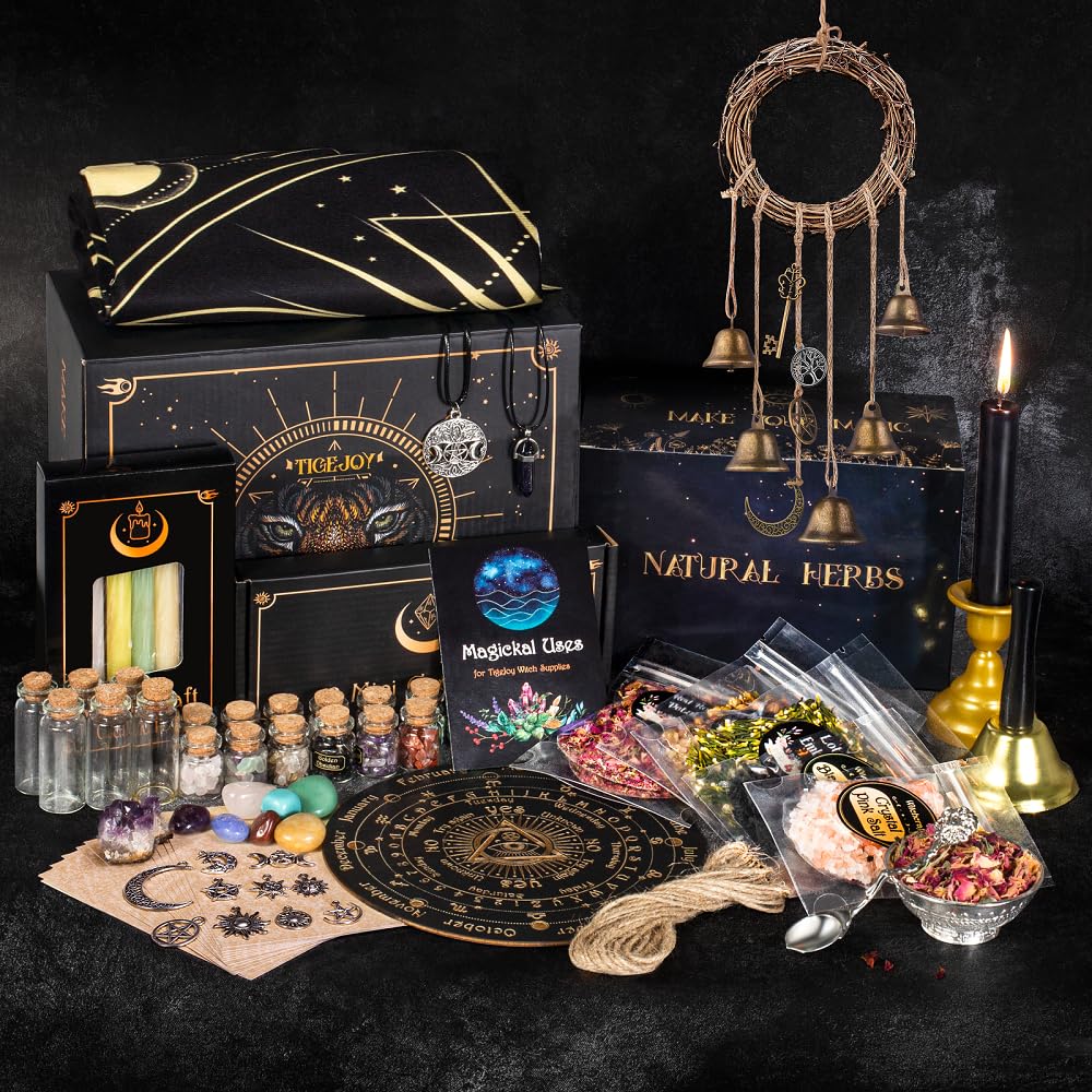 TigeJoy All in One Witchcraft Supplies Witch Stuff Spell Kit 88 PCS, Wiccan Tools, Include Herb Crystal Candle Amethyst Pendulum, Witch Gift Wiccan Starter Kit Altar Supplies Pagan Decor