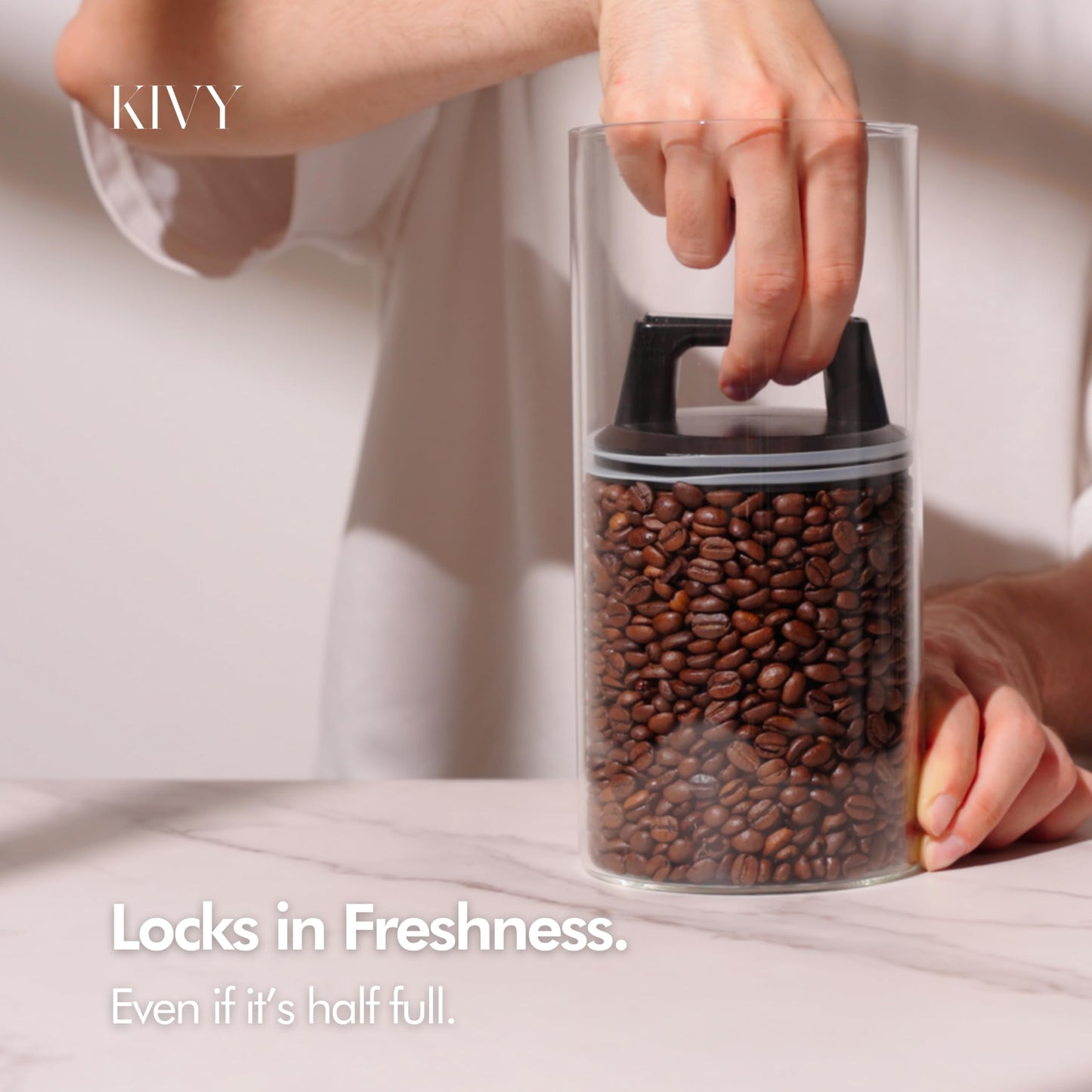 KIVY Vacuum Coffee Canister - Push Lid Preserves Coffee Aroma & Oil - Stainless Steel Airtight Coffee Canister - Container for Ground & Coffee Bean Storage - Coffee Storage Jar - Removes Excess Air