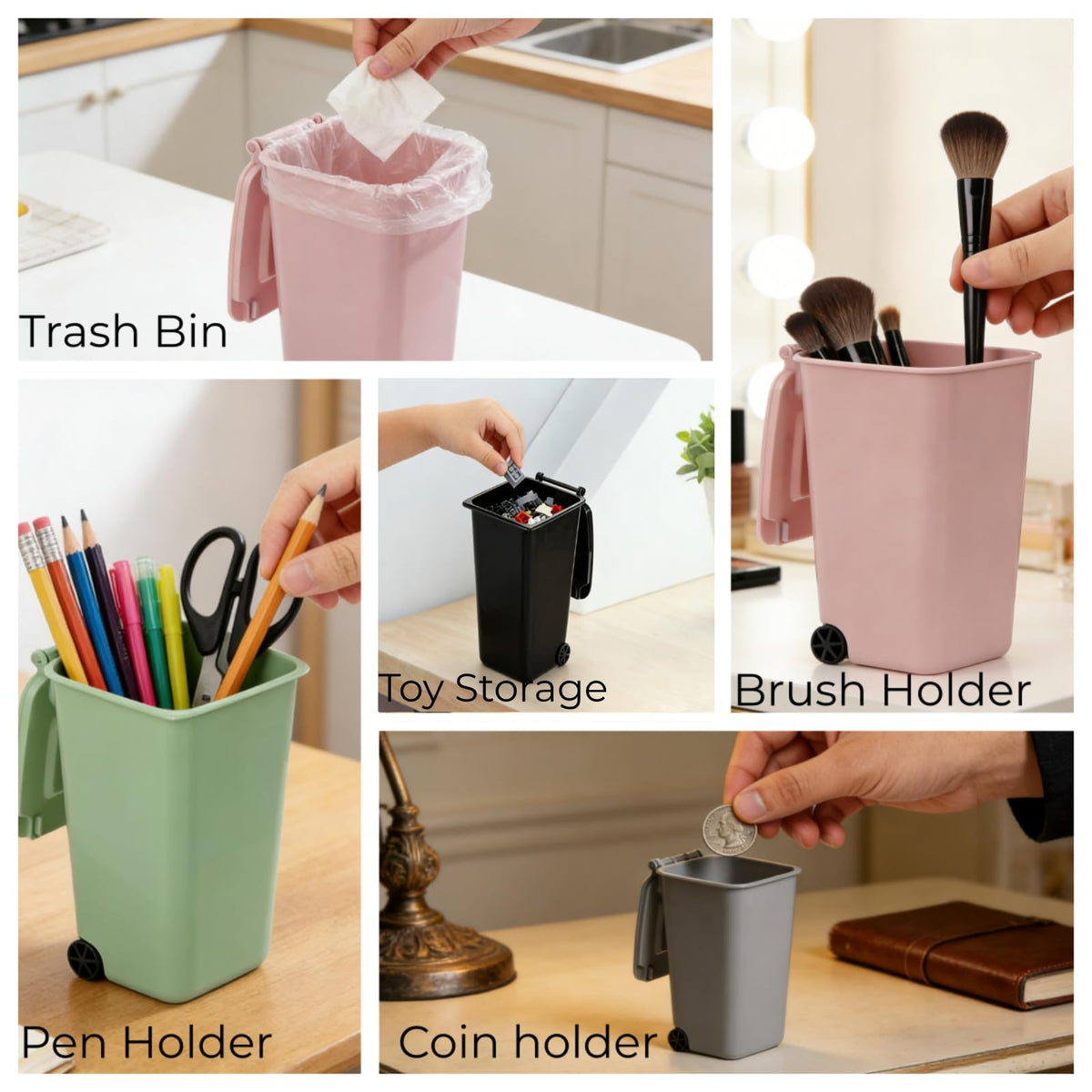 Goaste 12 Pack Mini Desk Trash Can, 22 OZ Tiny Curbside Garbage Bin with Lid, Small Plastic Desktop Wastebasket, Unique Office Pen Holder Pencil Cup, Counter Waste Basket for Home Kitchen Tabletop