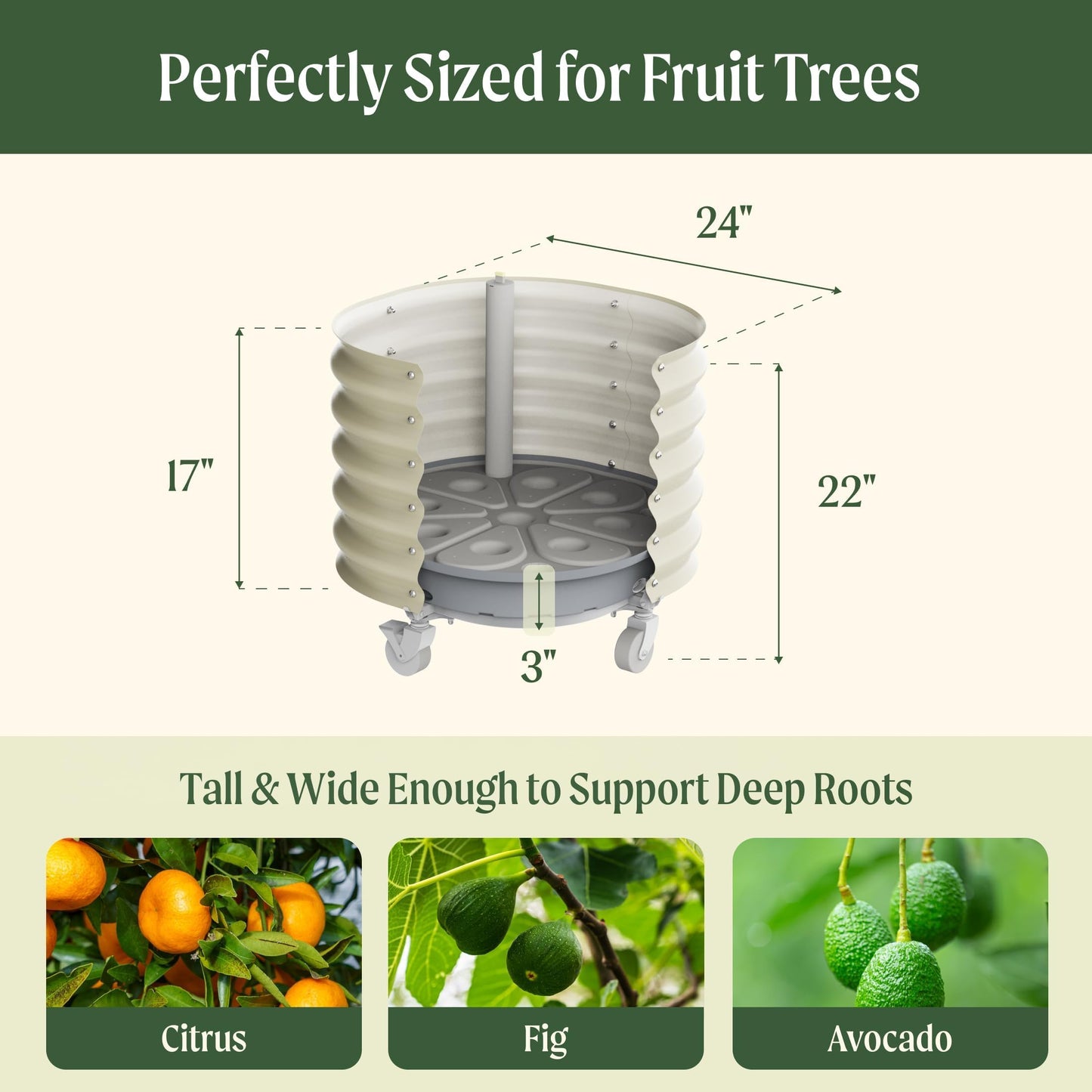 Rolling Metal Citrus Tree Planter, Self-Watering Round Large Pot for Growing Trees Tomatoes Outdoor Plants Vegetables and Flowers, Raised Garden Bed with Wheels for Porch Patio & Backyard, Olive Green