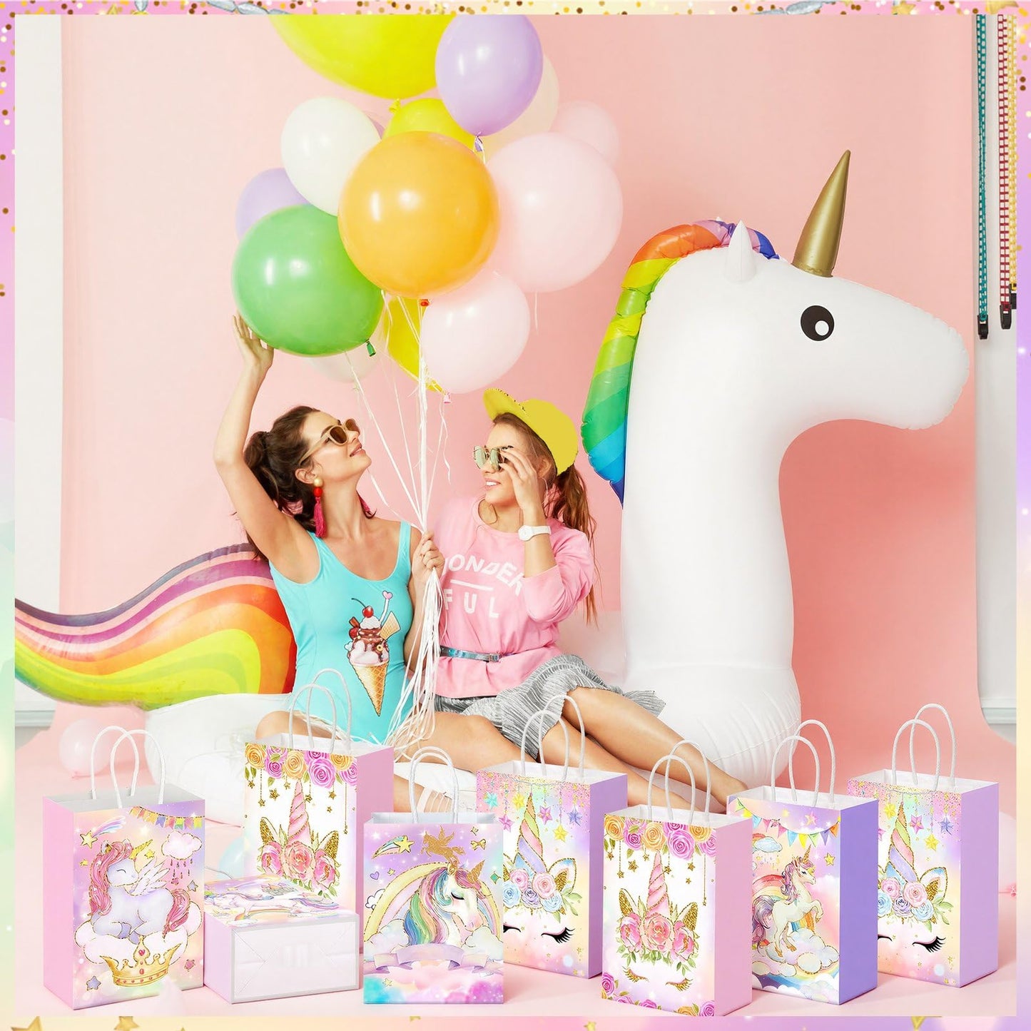 Kolldenn 48 Pcs Unicorn Party Favor Bags for Birthday Party Supplies Cute Unicorn Gift Goodie Paper Bags with Handles Rainbow Goody Treat Candy Pouch‌ for Girls Birthday Baby Shower Decorations