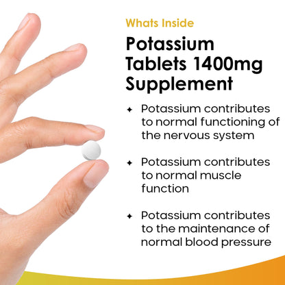 Potassium Supplements 1400mg High Strength - 360 Vegan Potassium Tablets Mineral Electrolytes Supplement Contributes to Normal Muscle Function, Nervous System - Gluten-Free, Non-GMO, Made in UK