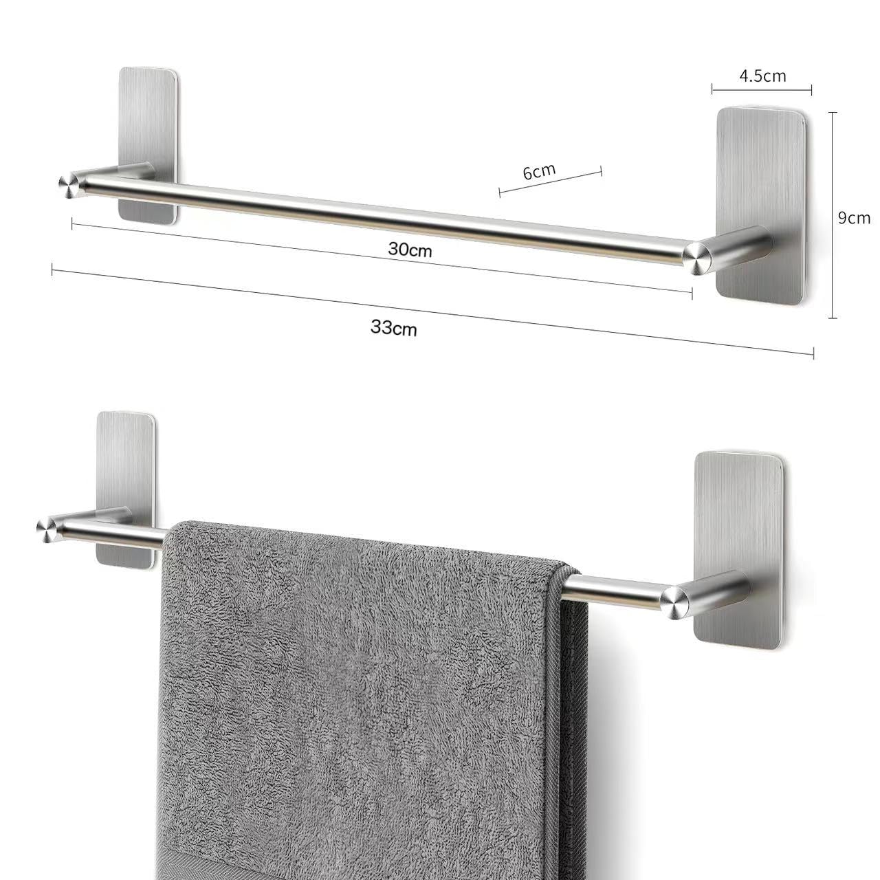 JS Towel Rail Holder 30CM Towel Bar Stainless Steel Adhesive Rails No Drilling Small Shower Tea Towel Rack Shelf for Bathroom Hardware and Kitchen