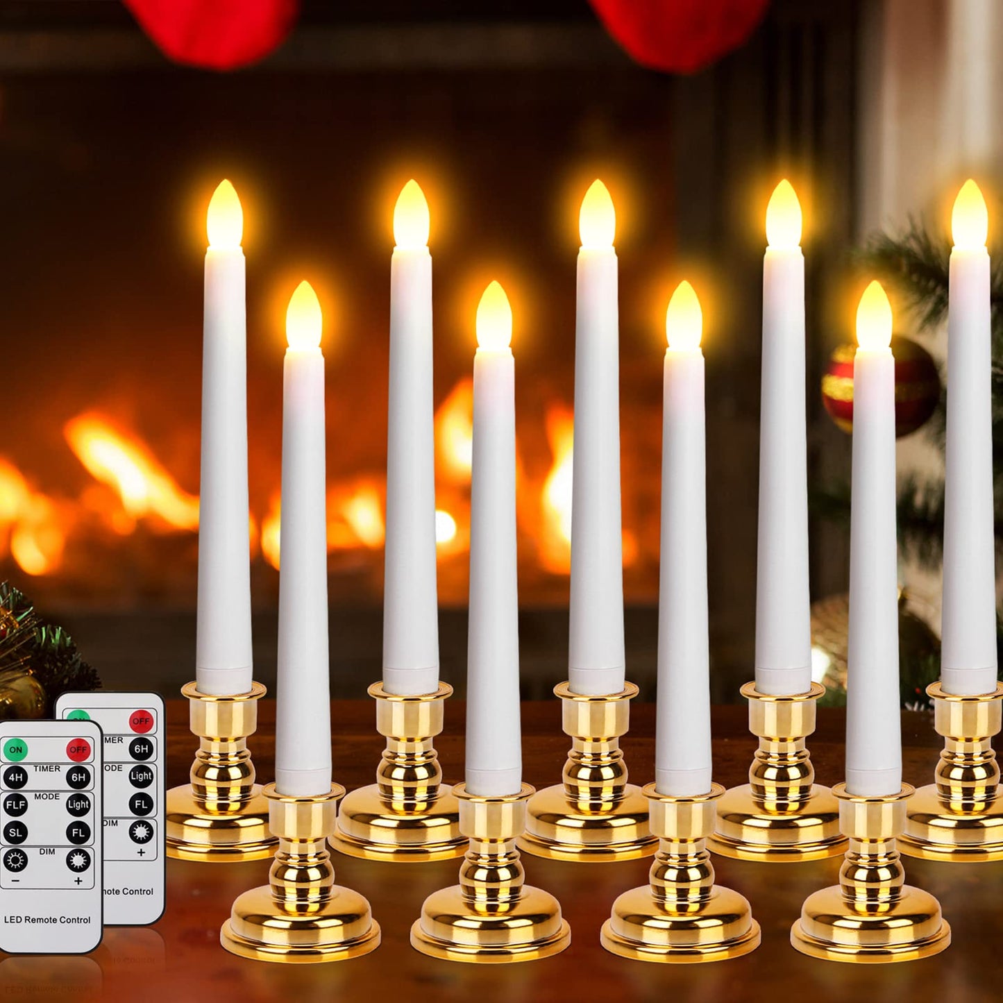 Daord LED Flameless Flickering Taper Candles with Remote & Timer Warm Light Battery Operated Christmas Window Candle for Wedding Party Holiday Home Table Decoration (9 Packs,White+Gold Holder(A))…