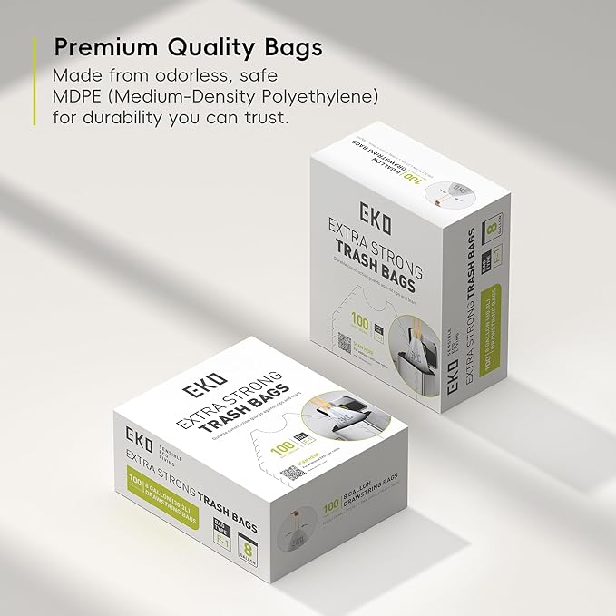 EKO 8 Gallon / 30.3 Liter, Extra-Strong Unscented Garbage Bags, Easy-Dispense