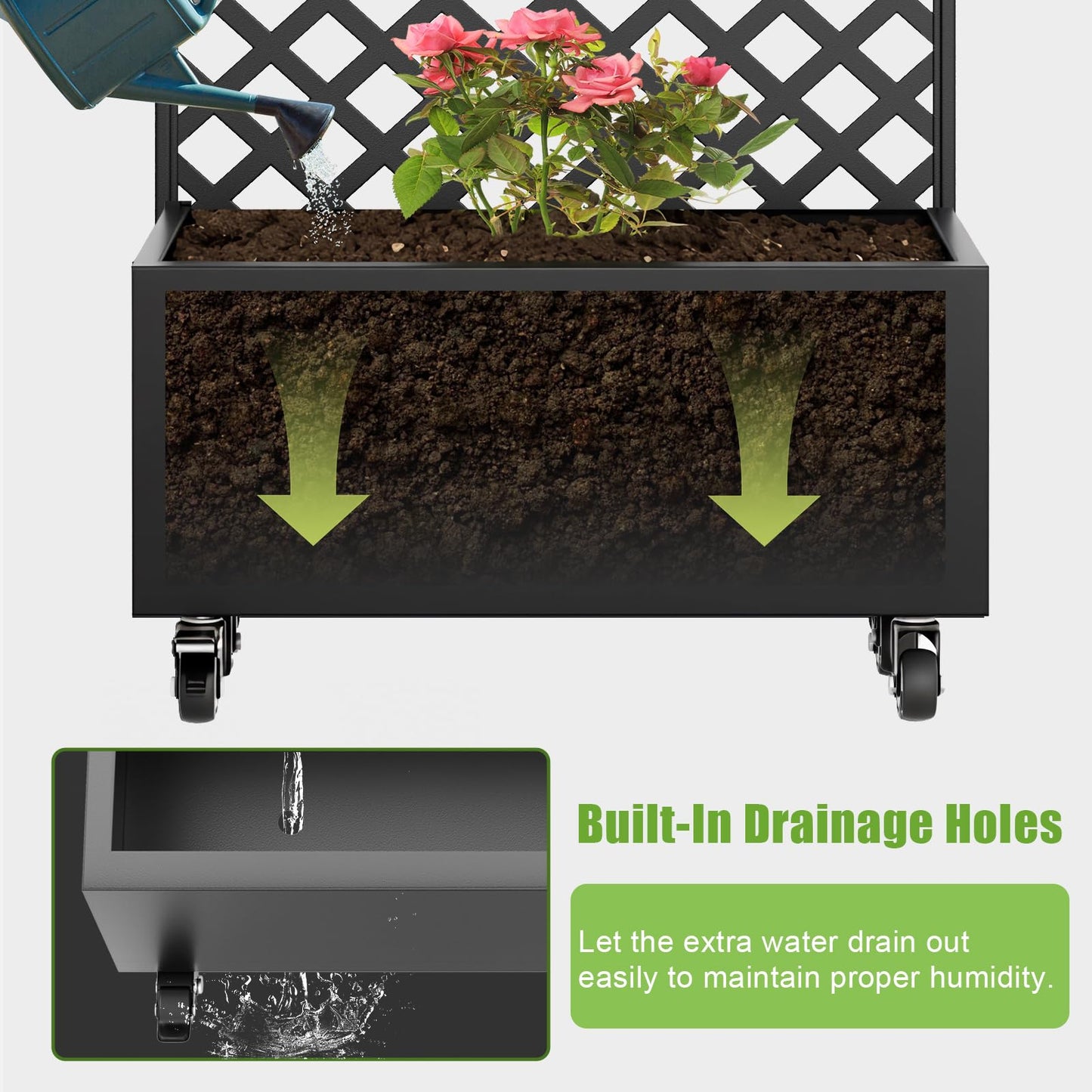 Luzfuego Metal Planter Box with Trellis, 72" Tall Outdoor Raised Garden Bed on Wheels, Flower Planter for Climbing Plants with Drainage Holes & Lockable Casters