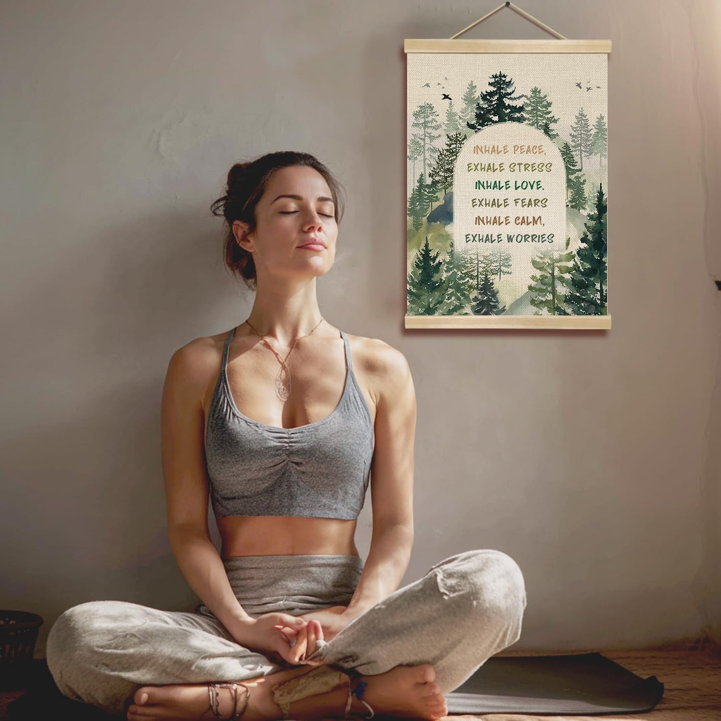 Mindfulness Wall Art Decor,Inhale Exhale Inspirational Forest Poster with Wooden Hanger, Mental Health Decor for Therapy Office, Counseling Room, Yoga Studio, Calm Down Corner, 14x18.5Inches(BG015)