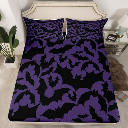 Castle Fairy Halloween Themed Full Fitted Sheet 4pcs,Black Bats Animal Print Bed Sheet Set for Girls Teens Bedroom,Dark Purple Color Polyester Bedding Set with 1 Flat + 2 Pillowcases