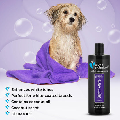 GROOM PROFESSIONAL Bright White Dog Shampoo - Coat Whitening Shampoo for Dogs - Enhances White Tones - Deep Cleansing Formula for Dirty Coats - Added Coconut Oil for Soothing Dry or Itchy Skin, 1L