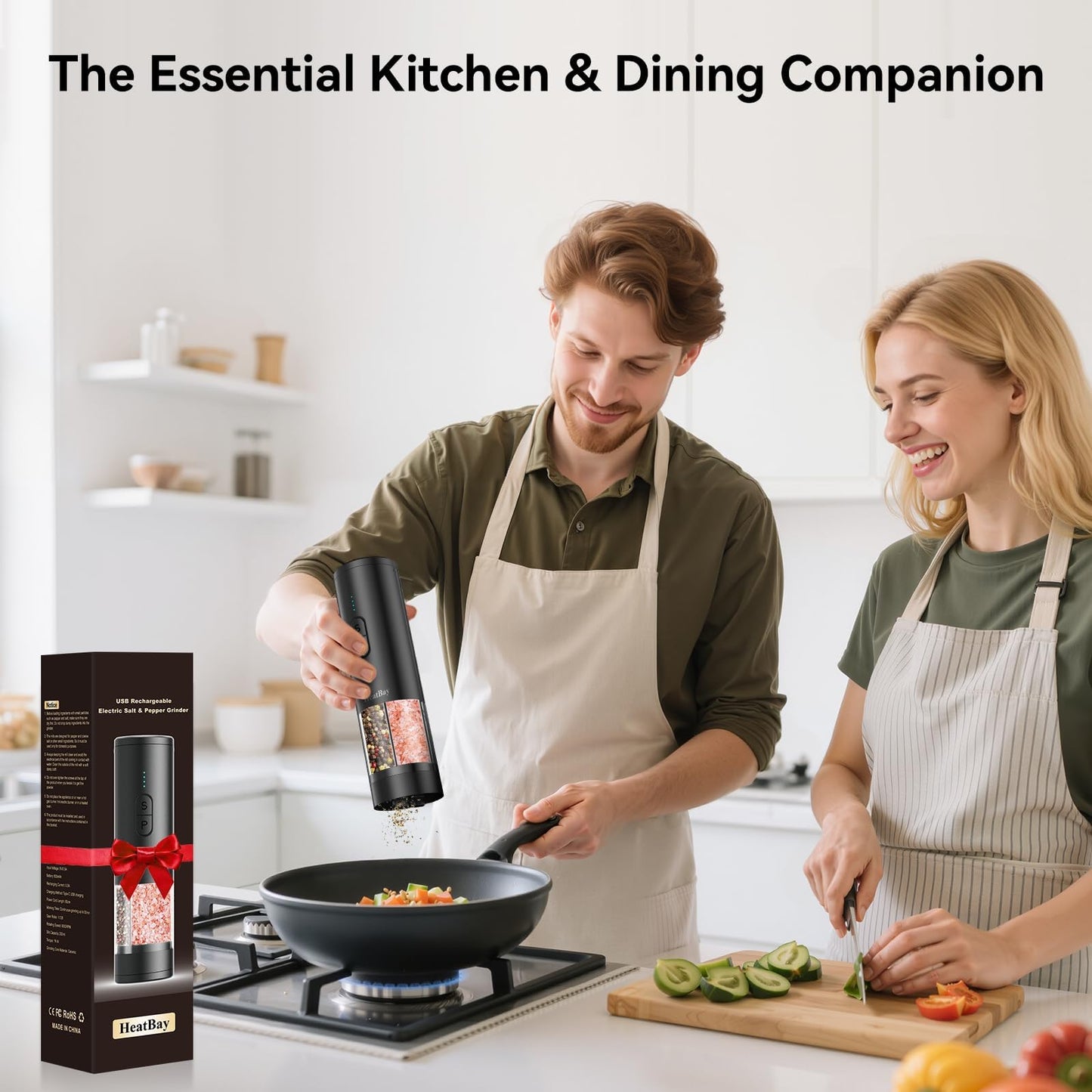 HeatBay 2 in 1 Electric Salt and Pepper Grinder Set, USB Rechargeable, Automatic Salt and Pepper Mill Shakers with Battery Display, LED Light, Adjustable Coarseness Ideal for Kitchen Gift(Black)