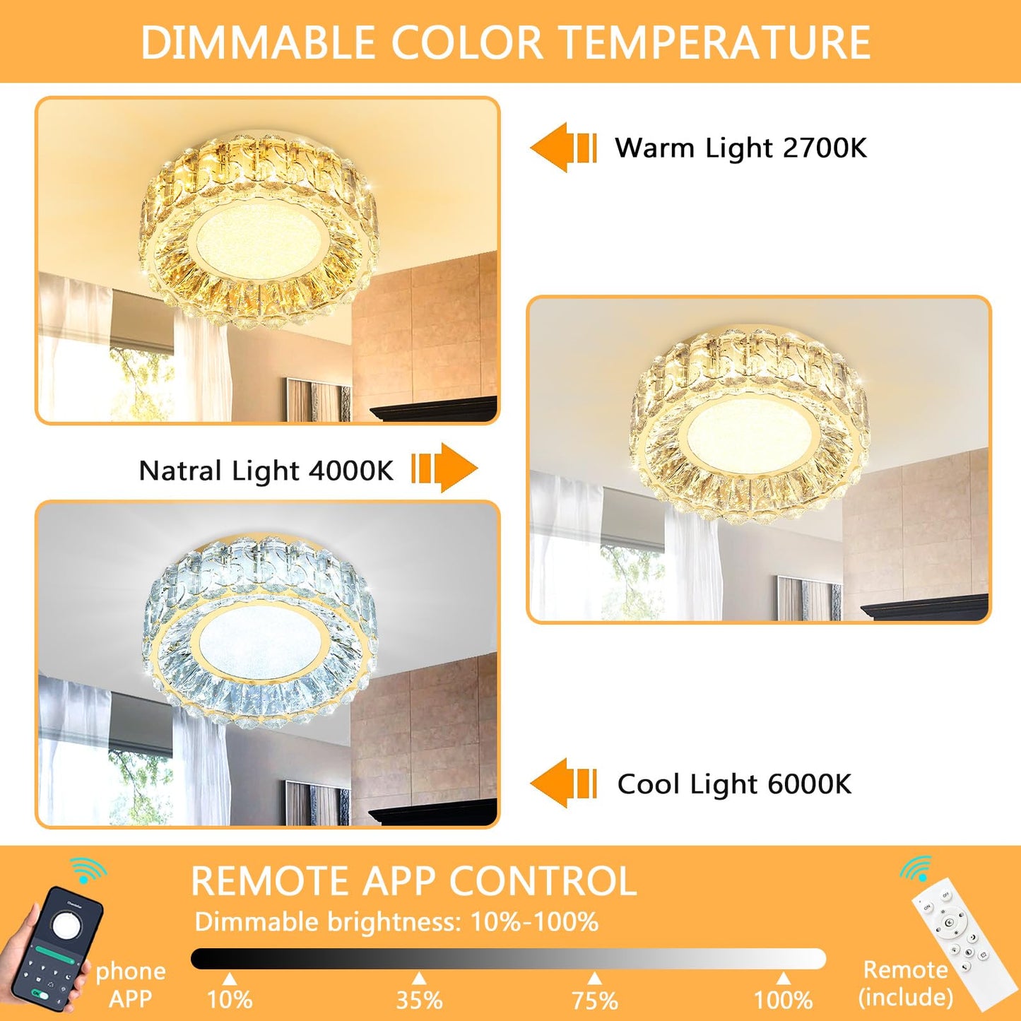 AFQEJG 12 Inch Dimmable Crystal Chandelier Modern LED Flush Mount Ceiling Light Fixtures for Bedroom Hallway Staircase Gold