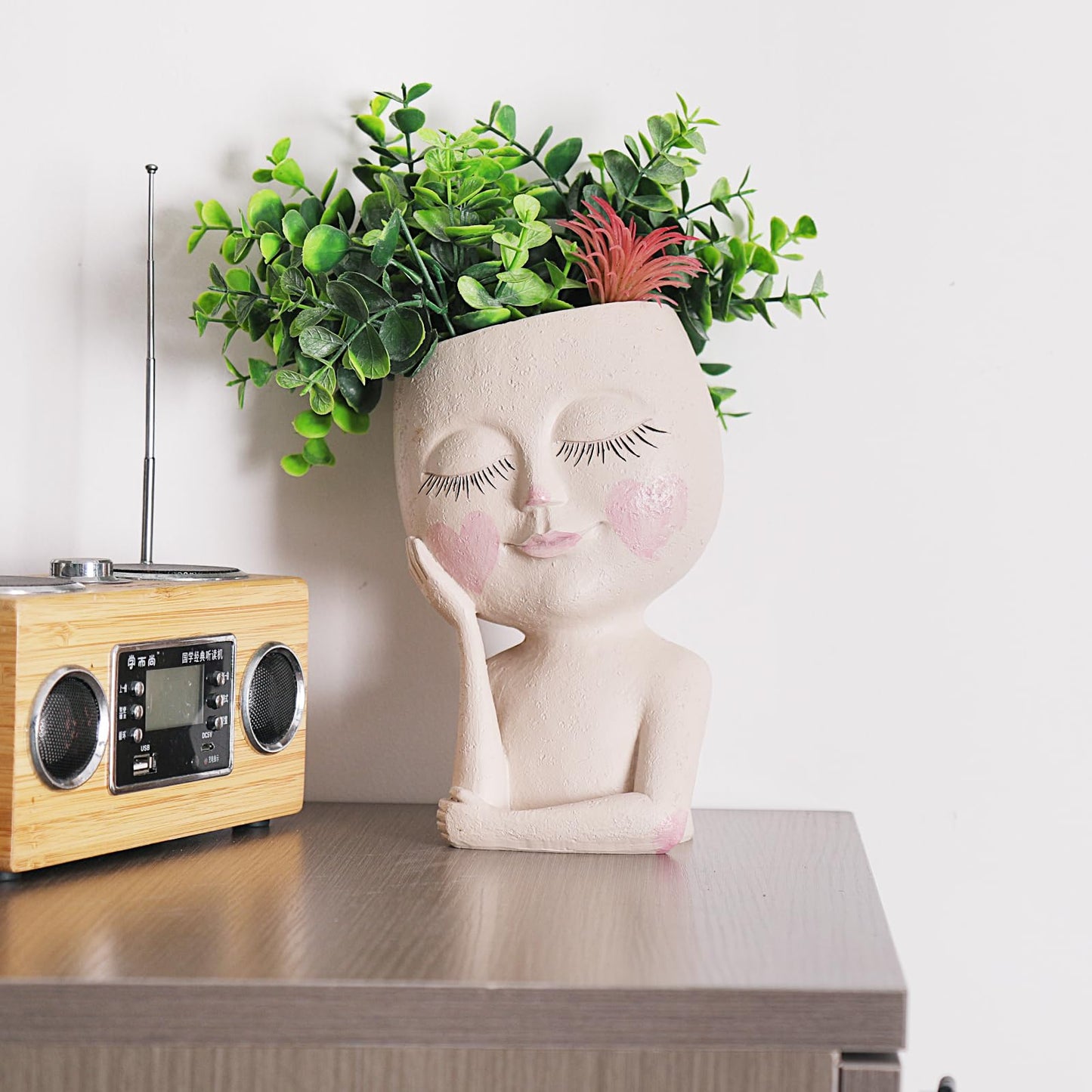 CASANIA Closed Eyes Girl Head Planter Pot with Drainage Hole, Resin Face Planter for Succulents Small Plants, Indoor Outdoor Whimsical Decor for Home Garden Office, Gift for Plant Lovers