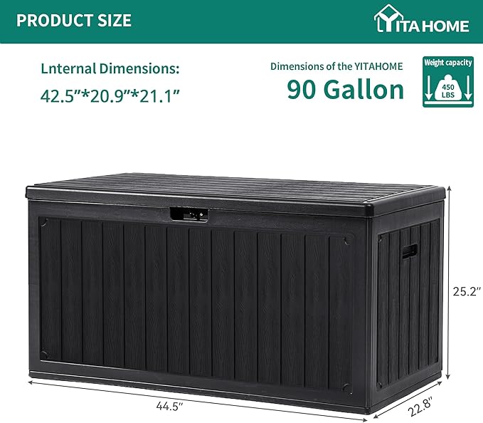 YITAHOME 90 Gallon Large Deck Box with Side Handles, Outdoor Double-Wall Storage for Patio Furniture Cushions, Garden Pool Accessories, Waterproof & Lockable