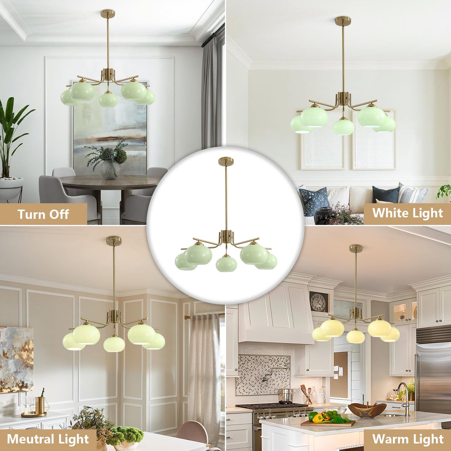 KCO Lighting Green Glass Pendant Light 5 Light Large Globe Chandelier Brushed Brass Sputnik Chandelier Mid Century Modern Chandelier Light Fixture for Dining Room Bedroom