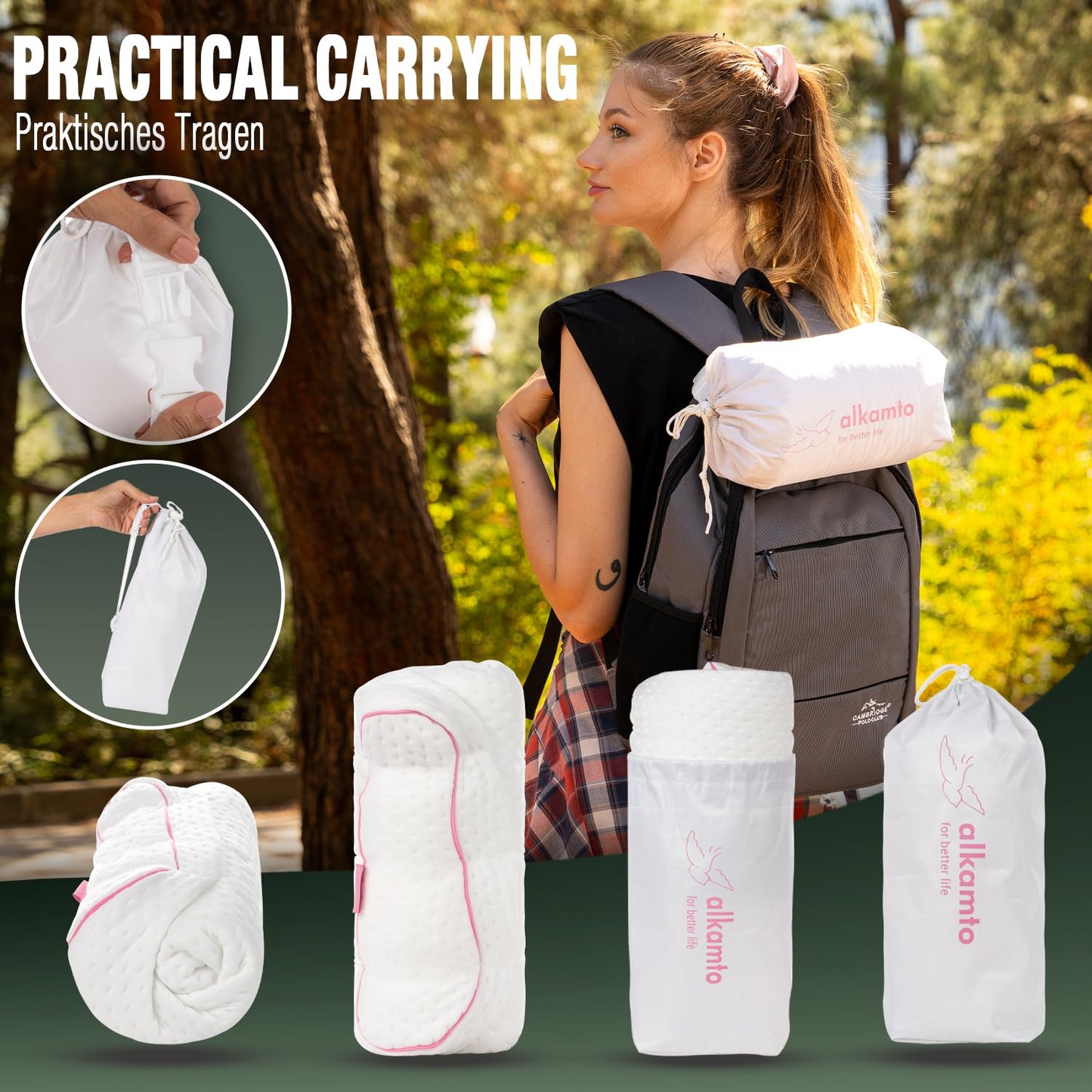 Alkamto Travel Pillow-Camping Pillow-Orthopedic Neck Support Memory Foam Pillow with Temperature Regulating Pillowcase-Extra Cotton Cover-Carry Bag-Small pillow for travel by car,plane,train and hotel
